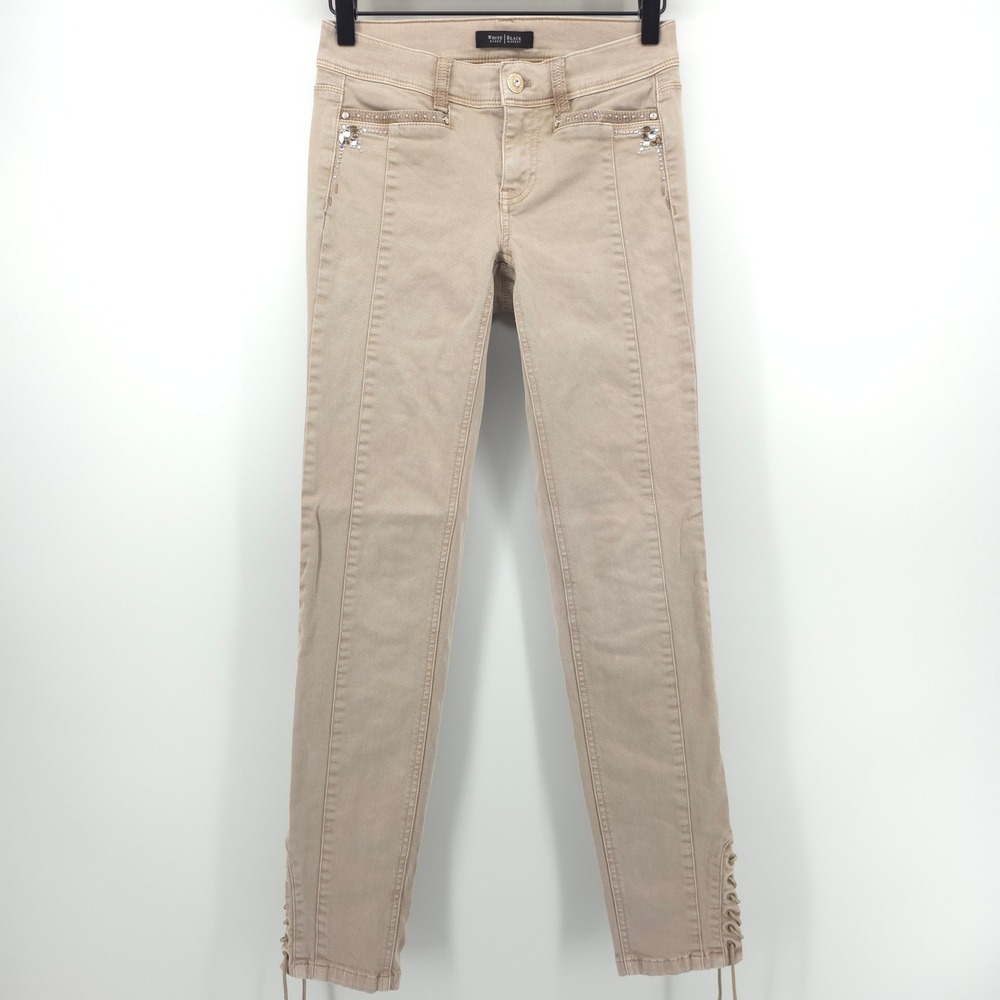 White House‎ Black Market Women Skinny Leg Pants 00R Tan Rhinestone Lace Up Glam